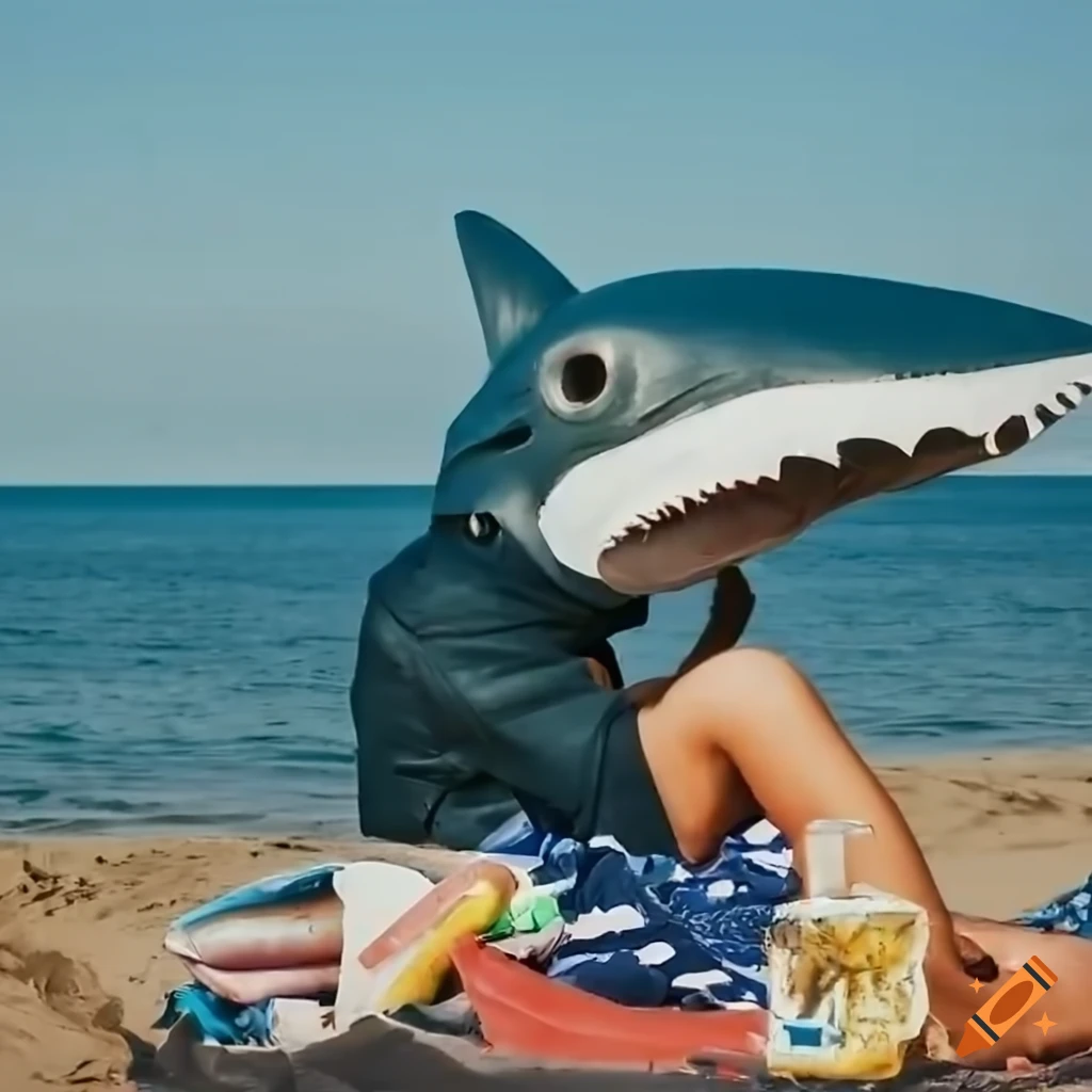 man with a shark mask at the beach