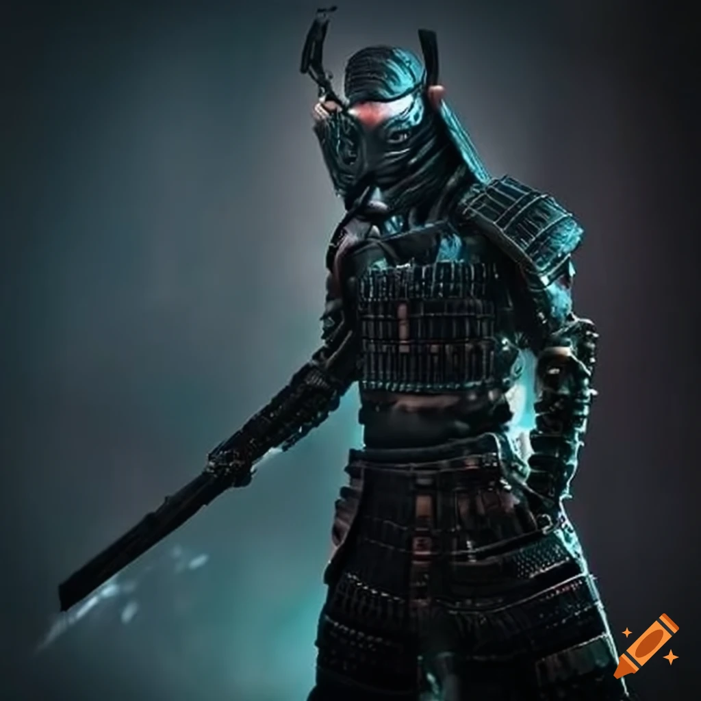 Black and red action figure body humanoid knight samurai with a katana in  one of yours hand using a hanya mask on Craiyon