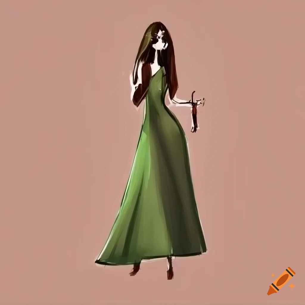 Fashion sketch of sage green dress and silver heels on Craiyon