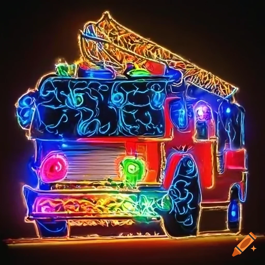 festive fire engine decorated with Christmas lights