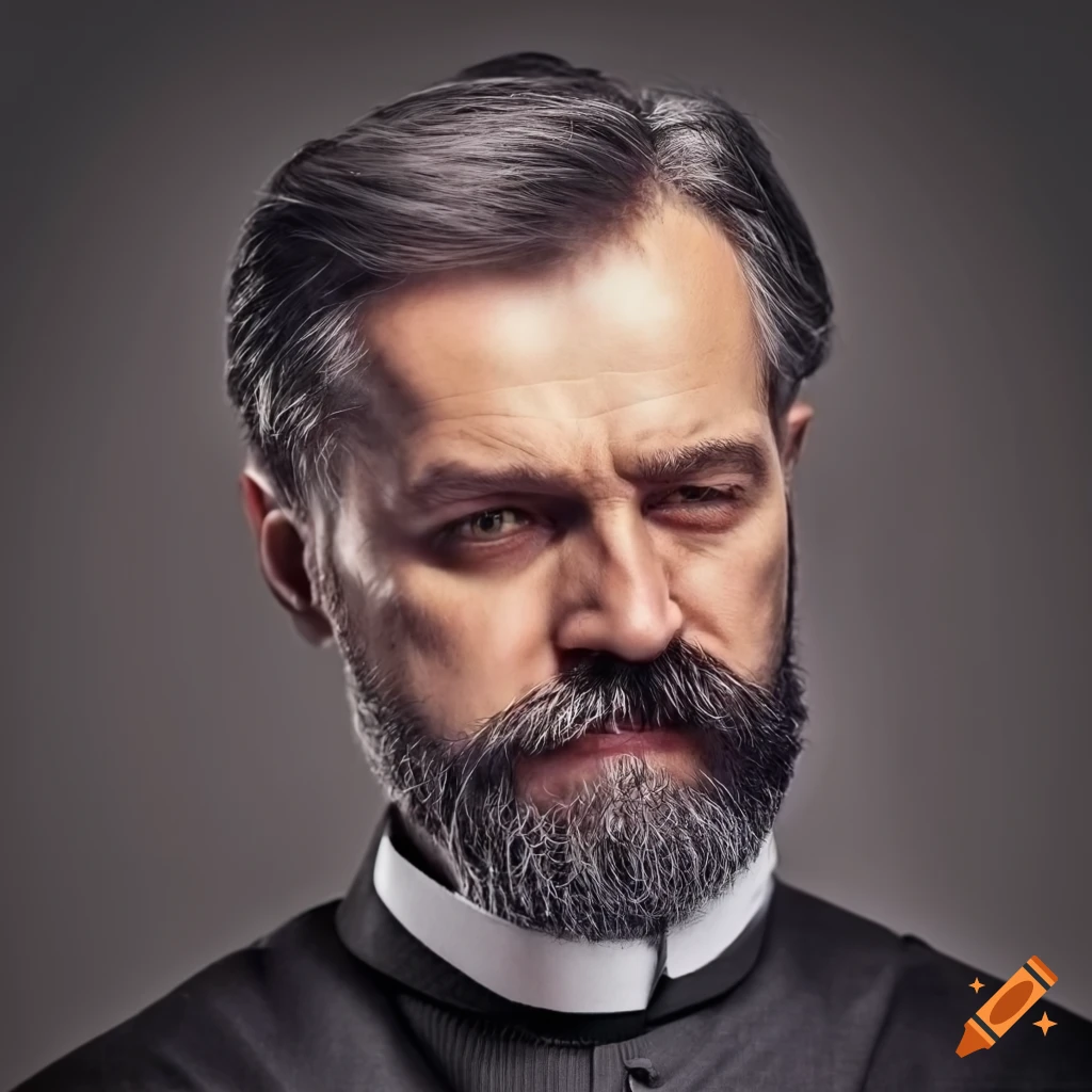 Portrait of a stern-looking man with dark hair and a beard on Craiyon