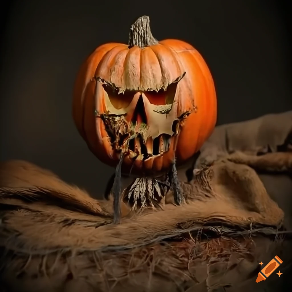 photorealistic product photo of a creepy scarecrow pumpkin with burlap