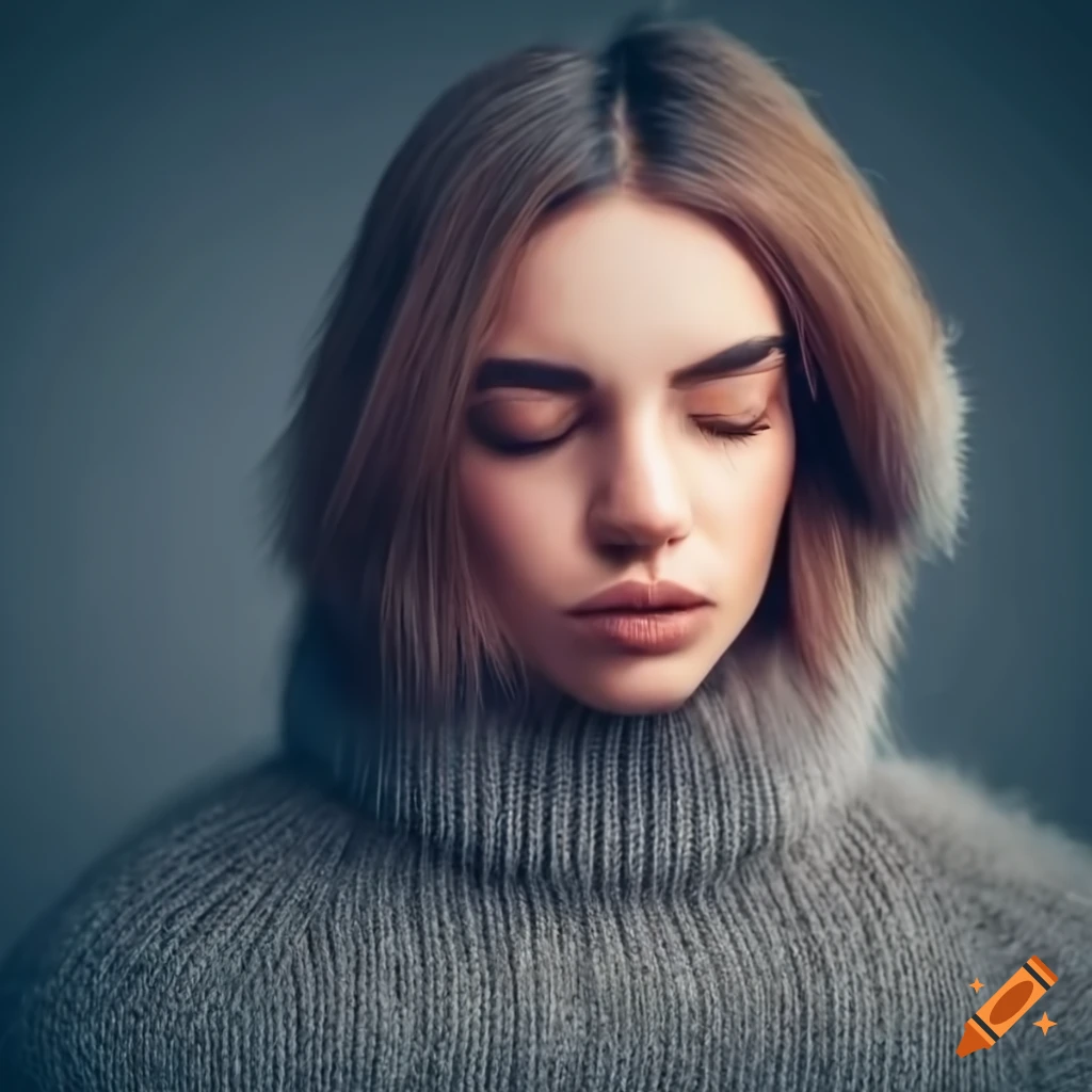 Young woman wearing a fur turtleneck sweater with closed eyes
