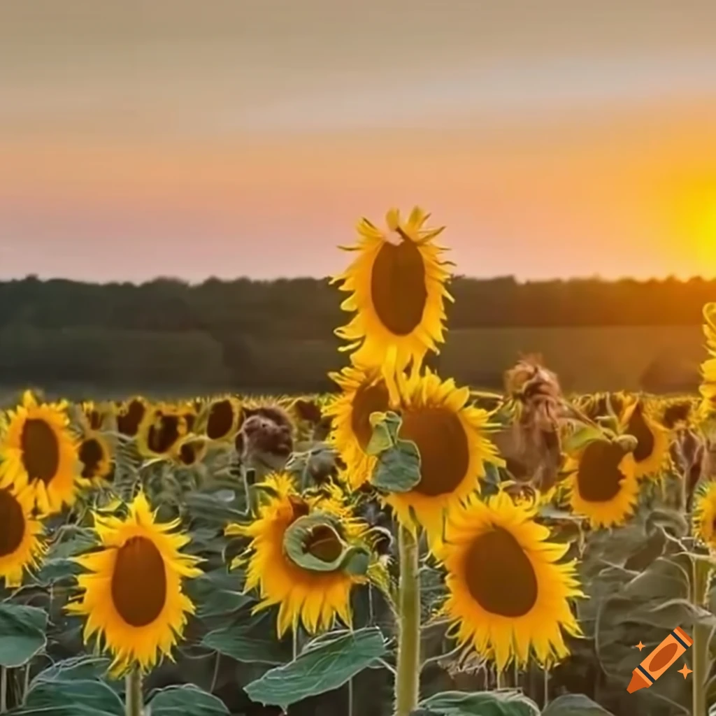 dawn sunflowers field with adorable animals