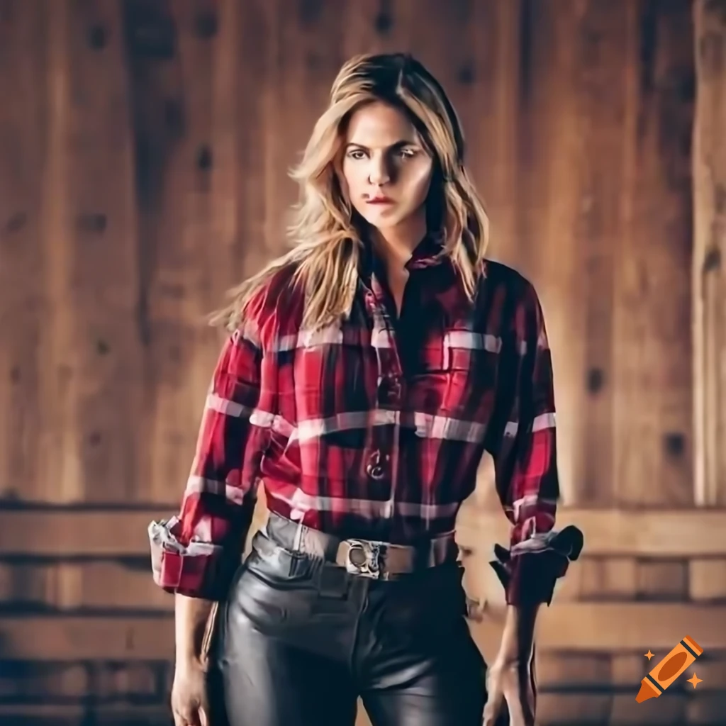hyperrealistic painting of a young cowgirl riding a horse in a barn