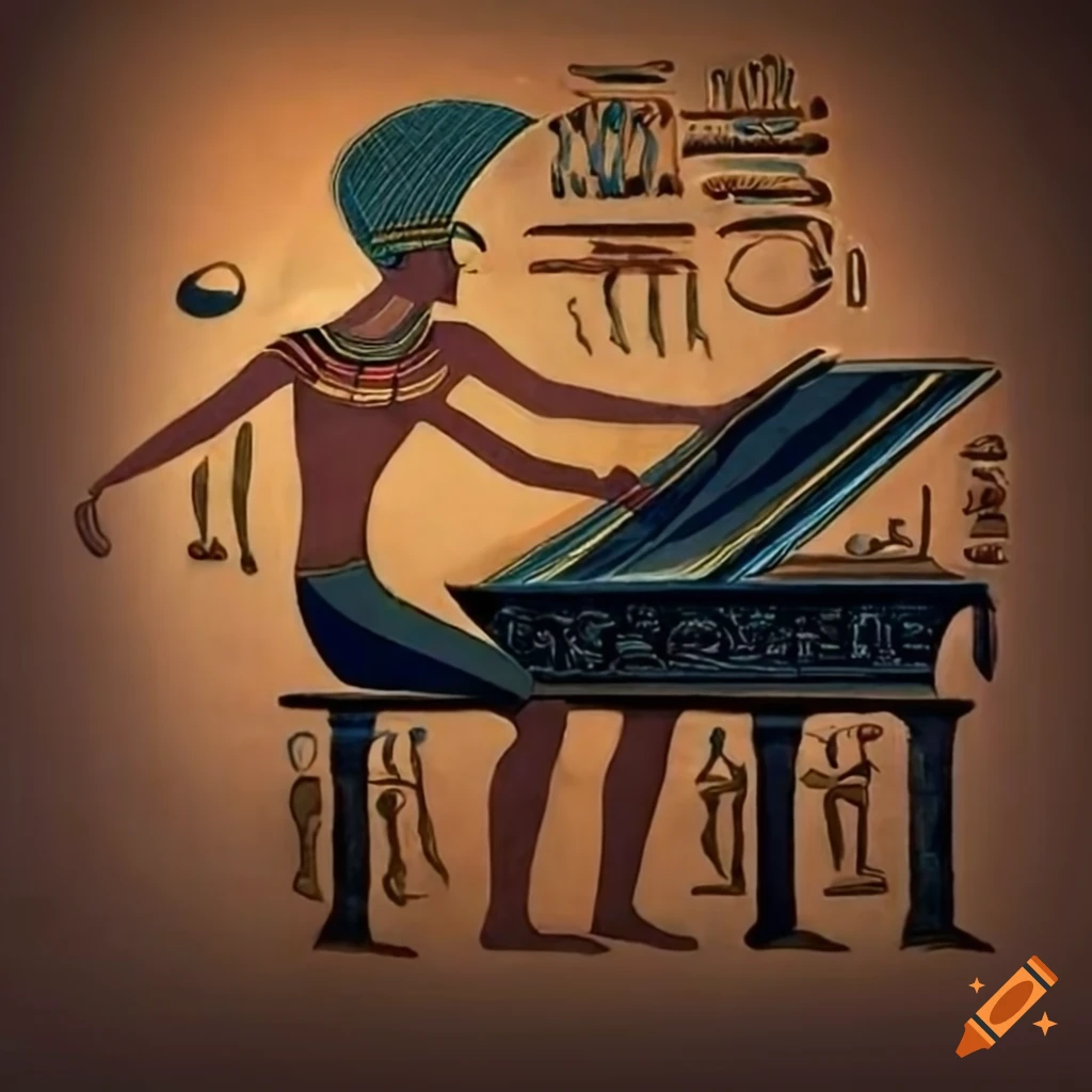 Ancient egyptian hieroglyphic art of man playing piano on Craiyon