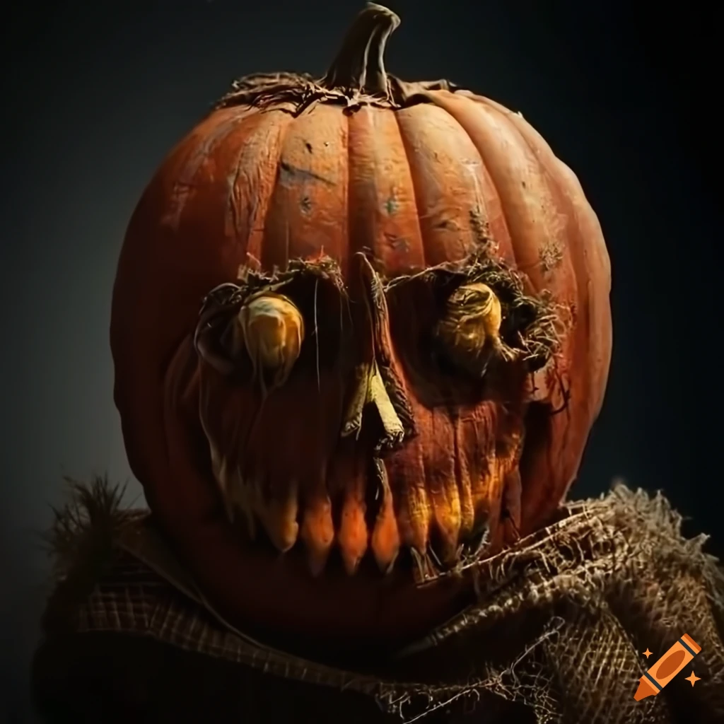photorealistic product photo of a creepy scarecrow pumpkin with burlap