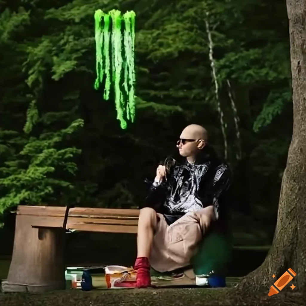 man named Kyle vaping on a park bench