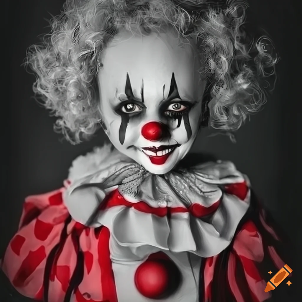 sinister clown doll in grayscale