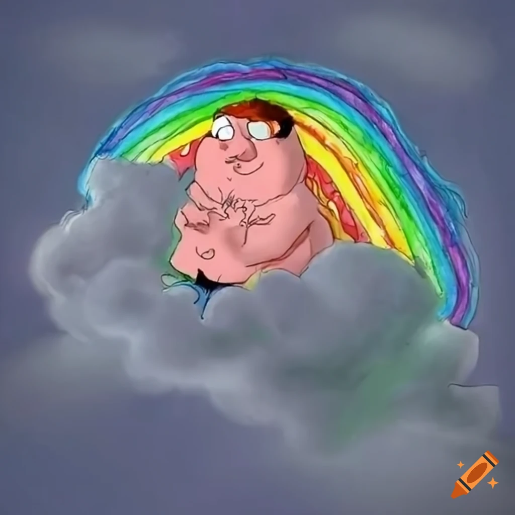 Peter Griffin riding a dragon through a rainbow cloud