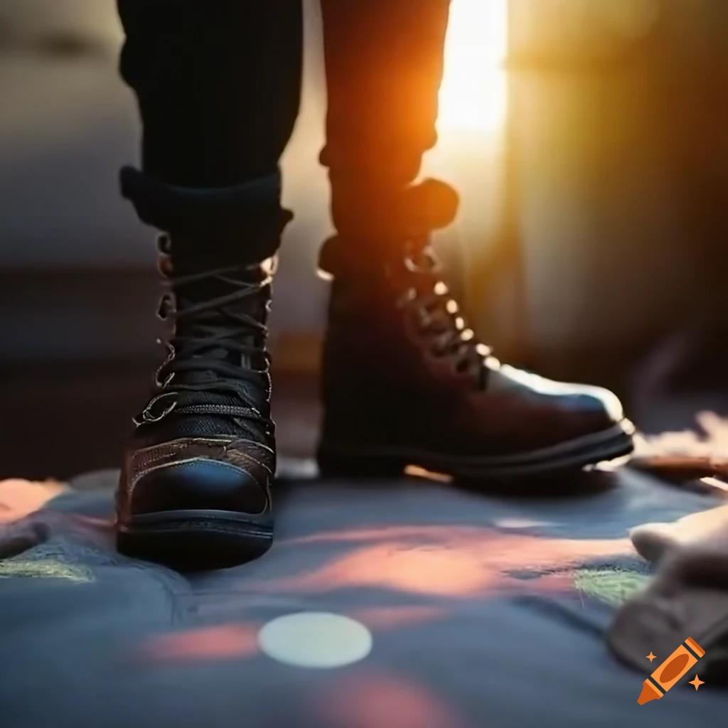 close-up of worn steel cap paratrooper boots on a cozy blanket
