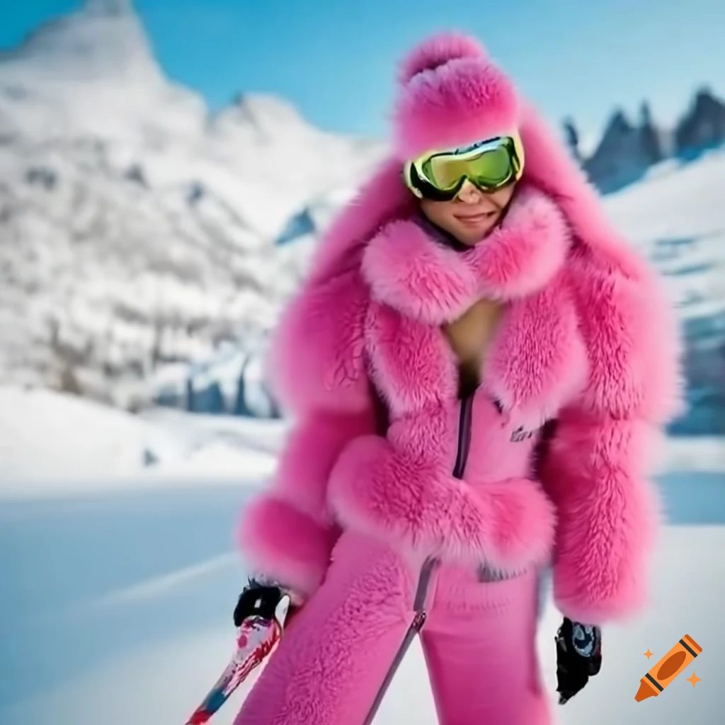 Heavy soft fluffy pink fur ski suit on Craiyon