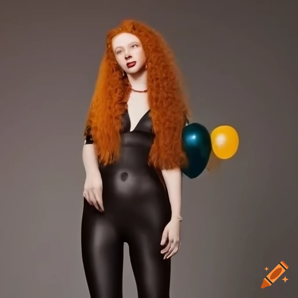 ginger girl with black leggings holding a clear balloon