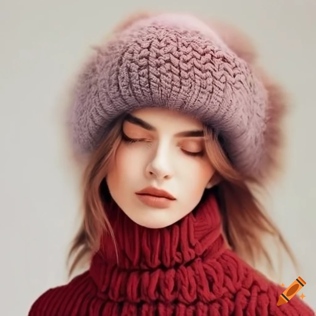 Woman wearing a chunky knit turtleneck pullover and winter hat on Craiyon