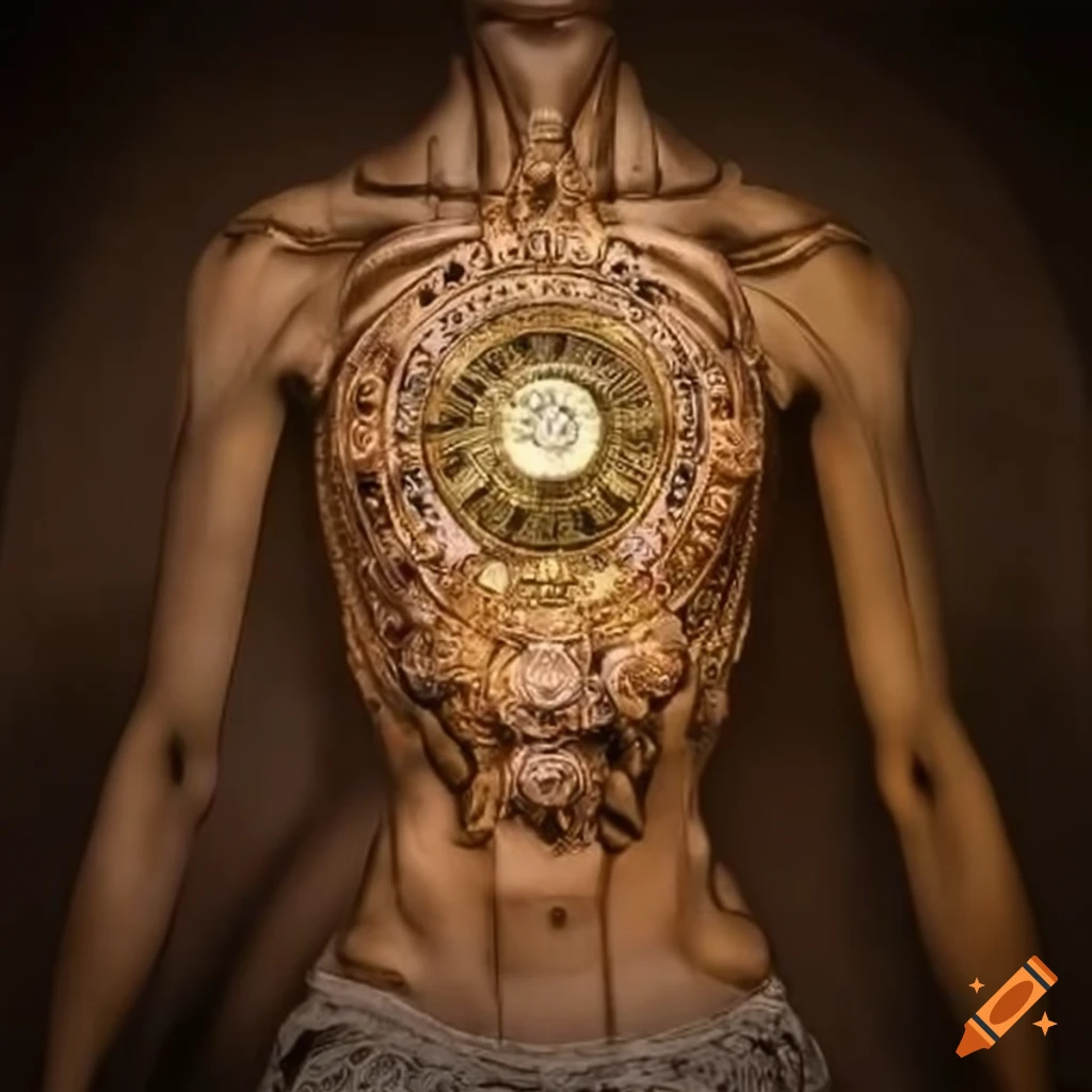 artwork of a divine deity with a clock in its chest