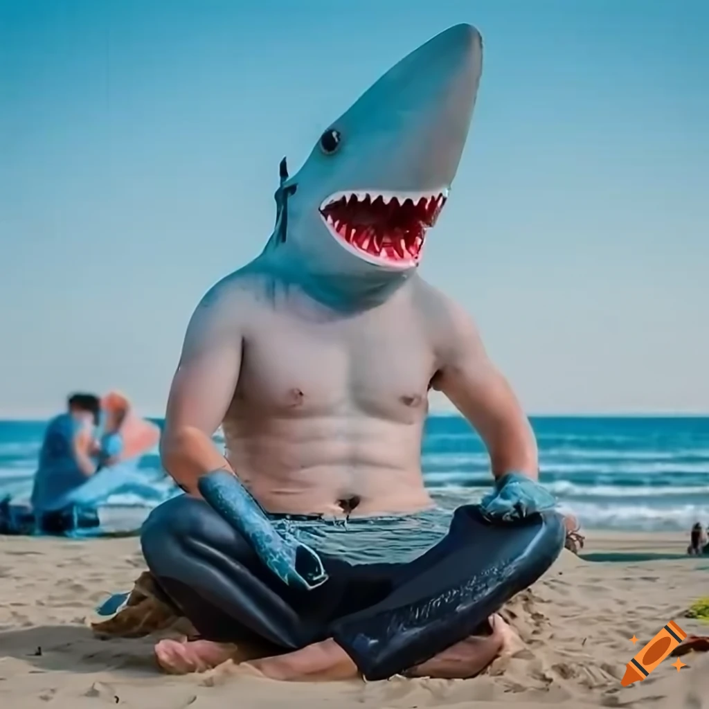 man with a shark mask at the beach