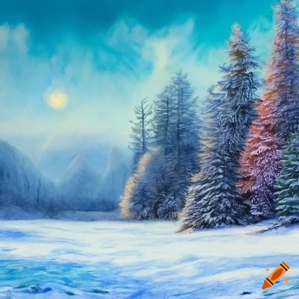 lush winter landscape in colored pencil