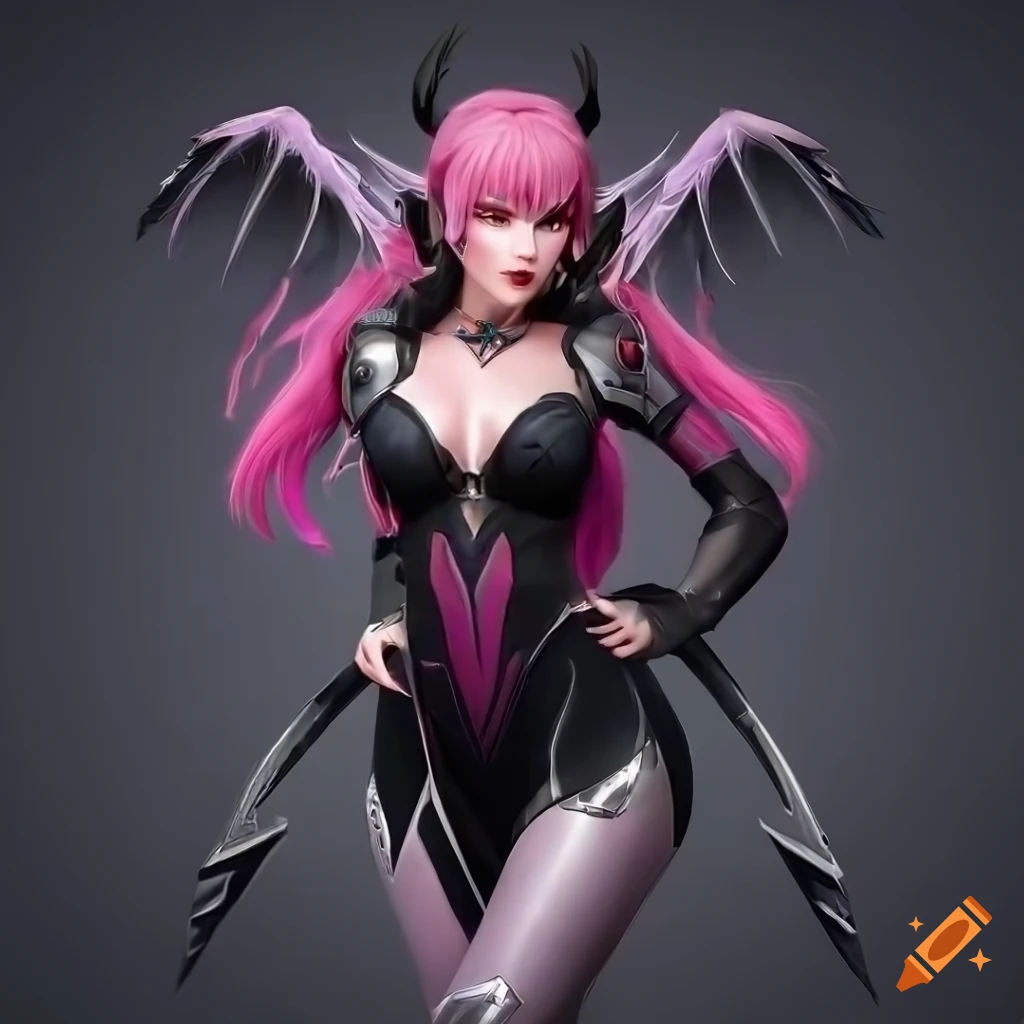 digital art of Widowmaker from Overwatch with pink hair and black demon wings