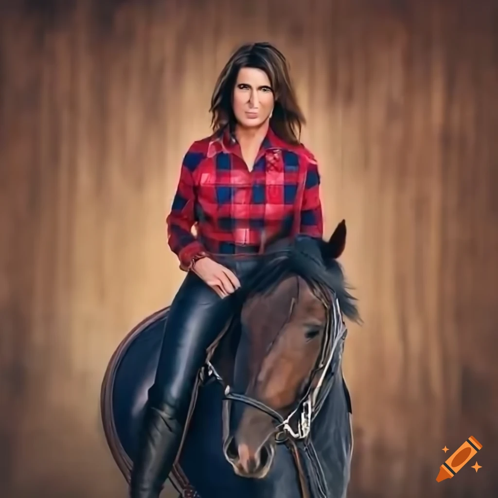 hyperrealistic painting of a cowgirl riding horse in a barn