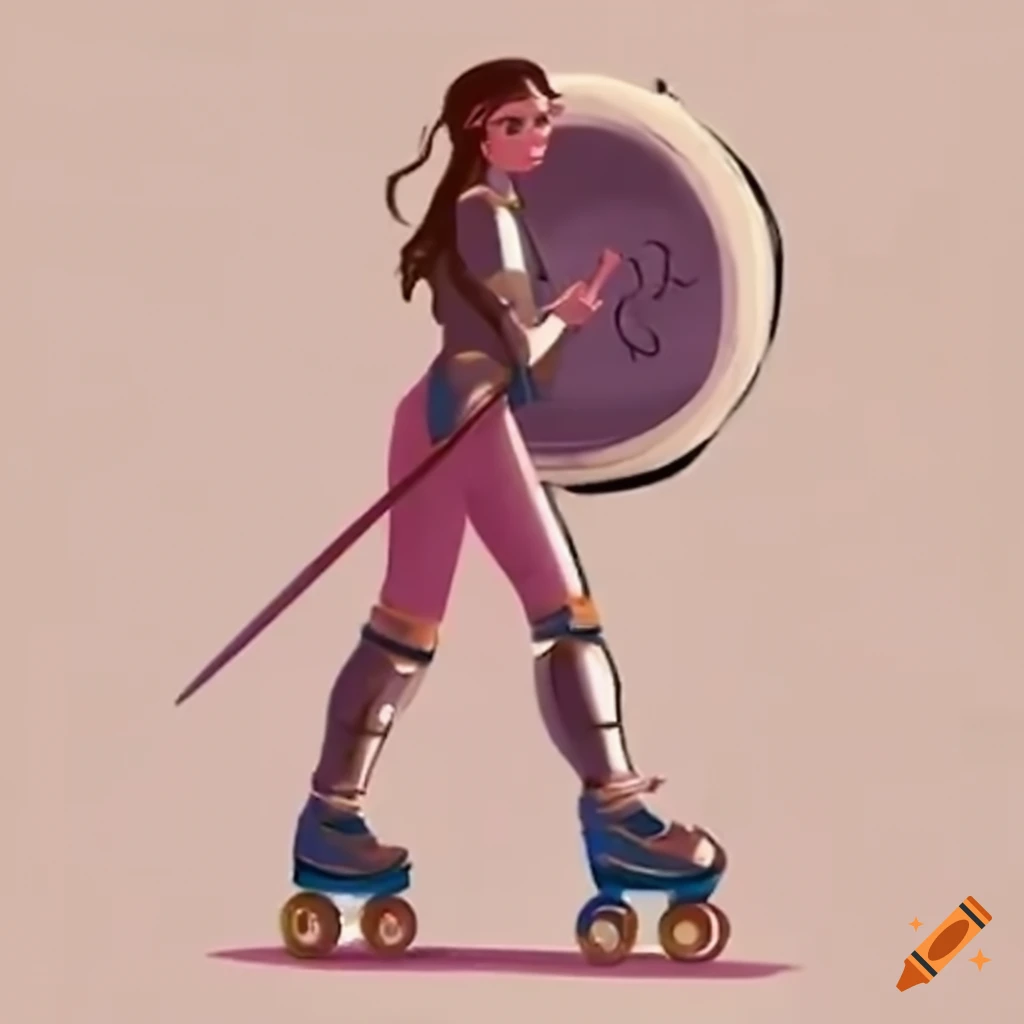 girl in plate armor roller skating with her pugs