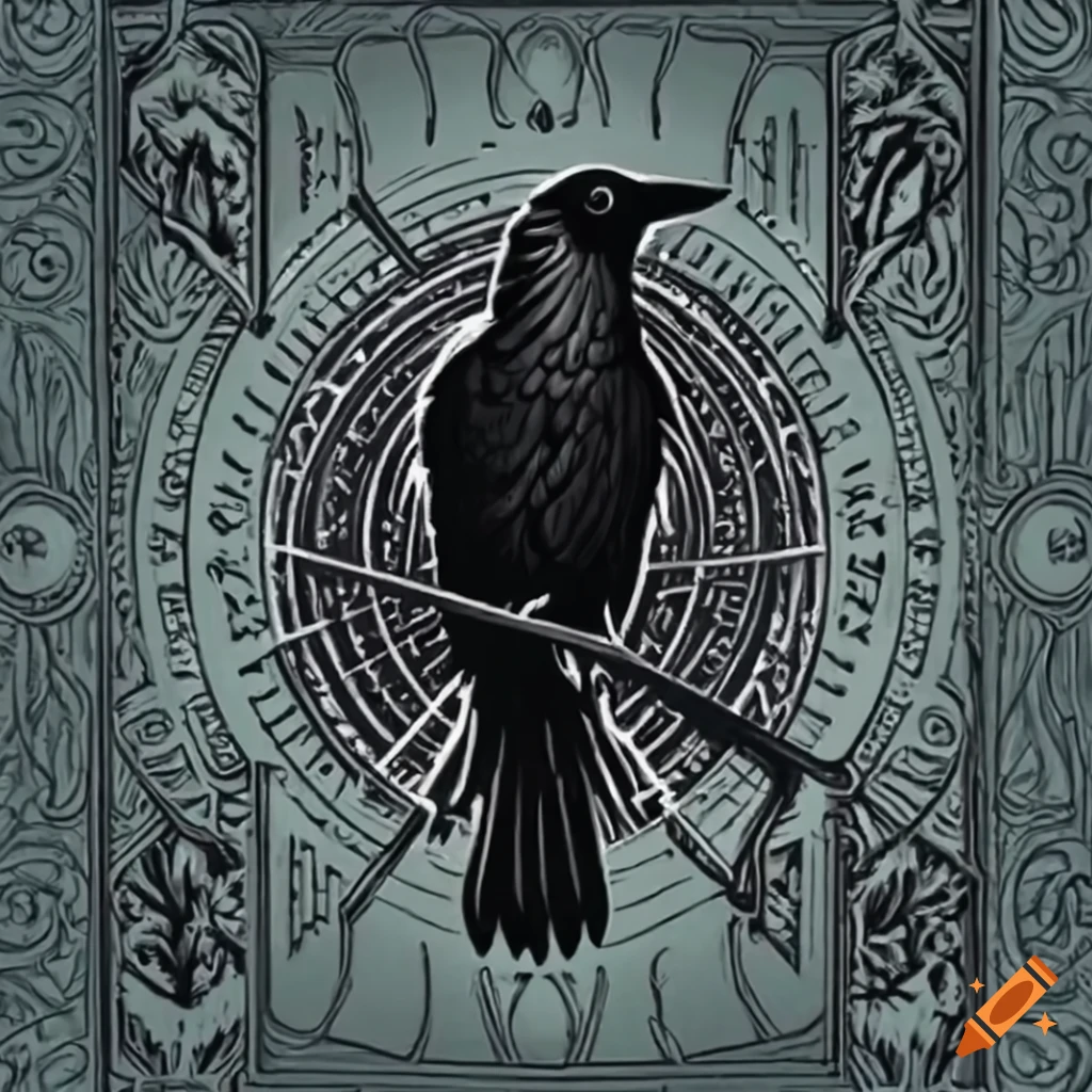 black and white illustration of a raven on tarot card