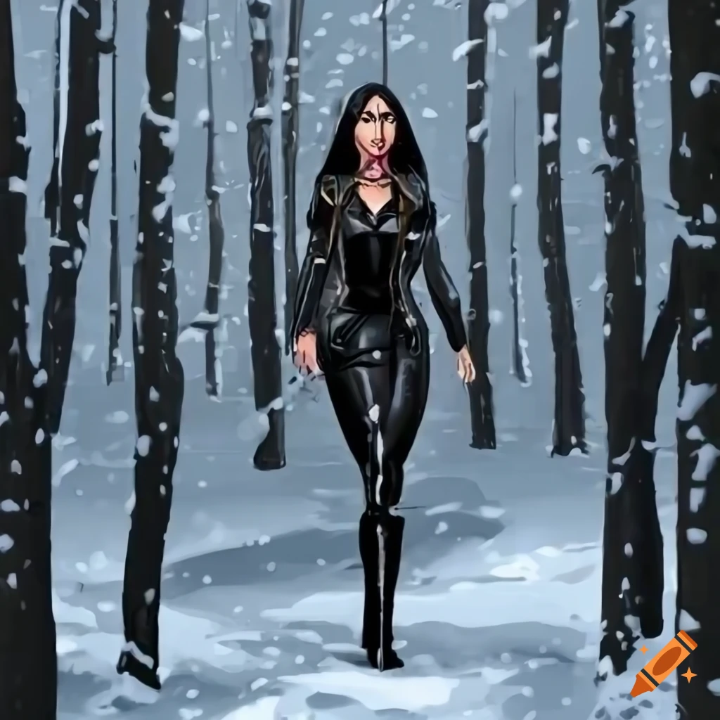 comic book art of a muscular woman walking in a snowy forest