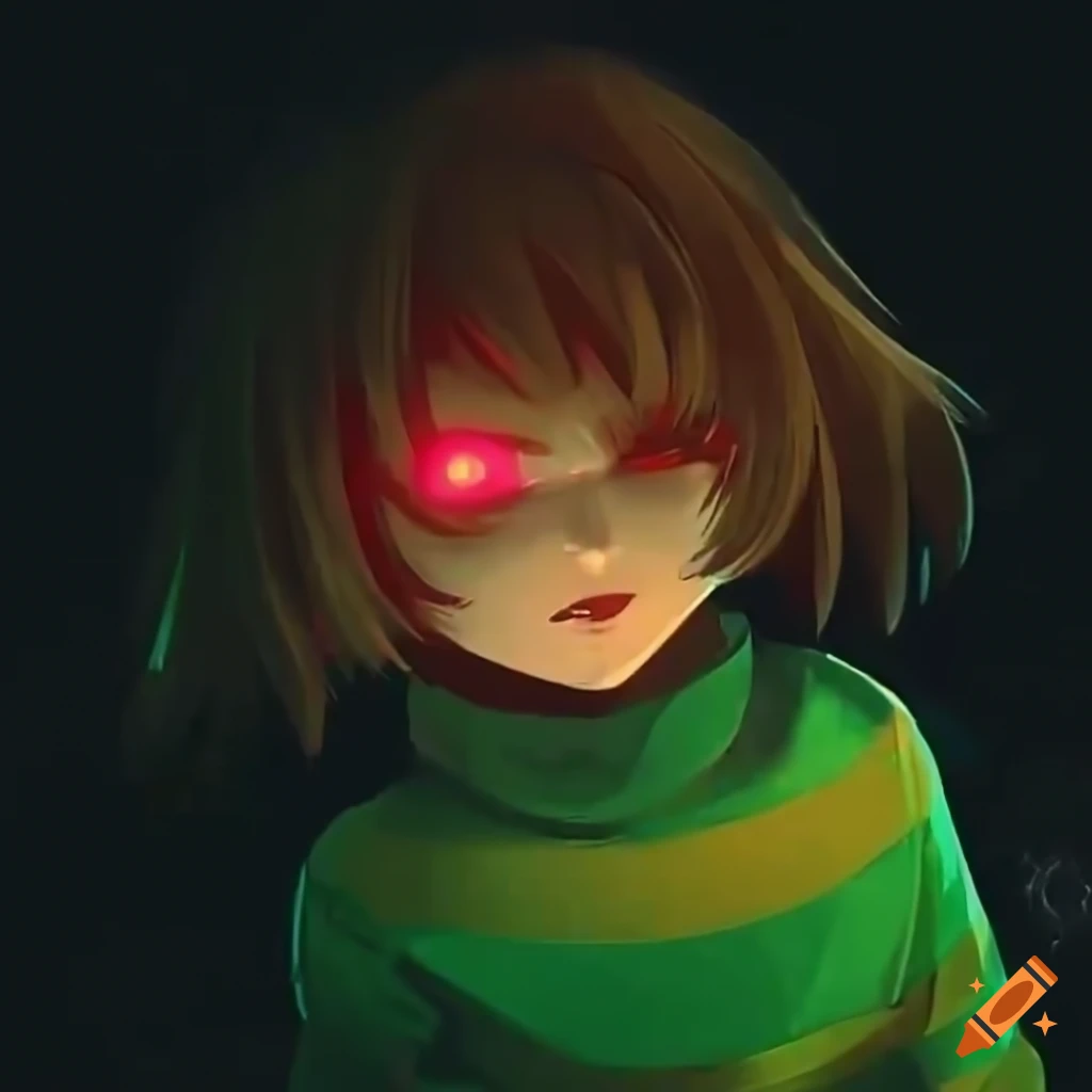 Chara(undertale), artistic composition, good color theory, threatening,  walking towards viewer, glowing red eyes, confident smirk, clear face, boss  fight, cyberpunk, alley, refined, sharpened detail, high quality, 4k