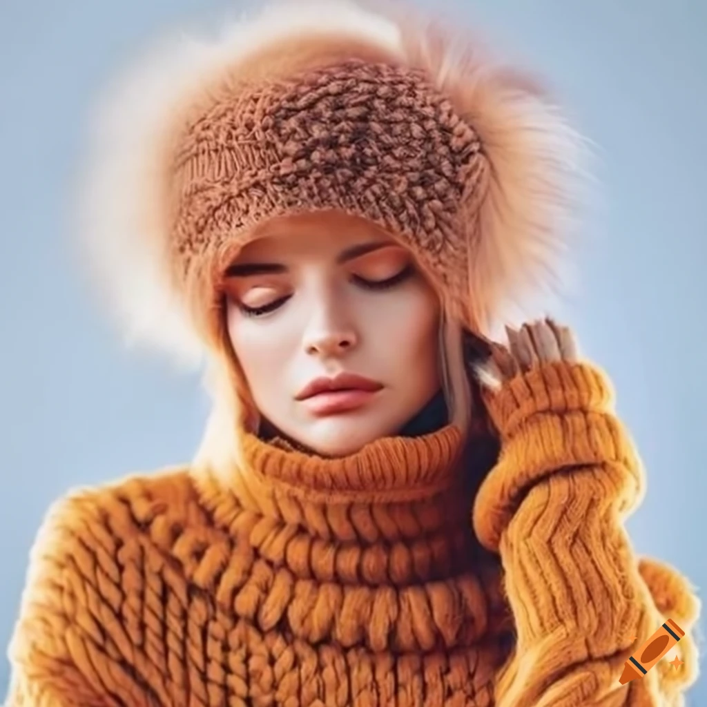 Photo of a woman wearing a chunky knit turtleneck pullover and a winter ...