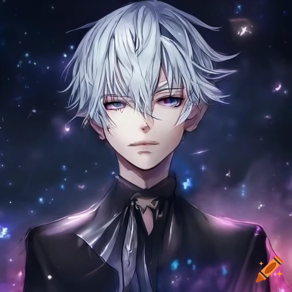image of a charismatic anime boy with white hair and cosmic eyes