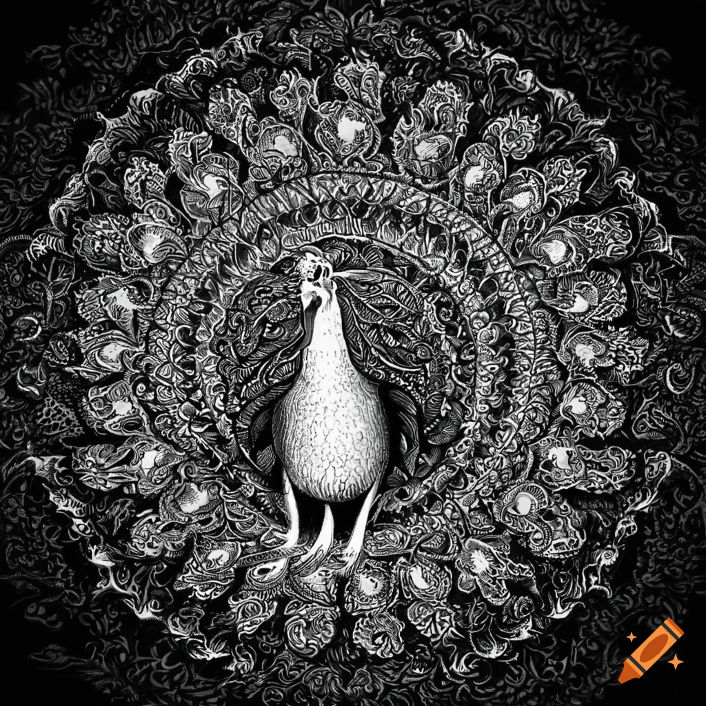 elegant peacock with vibrant ornate feathers forming a mandala pattern