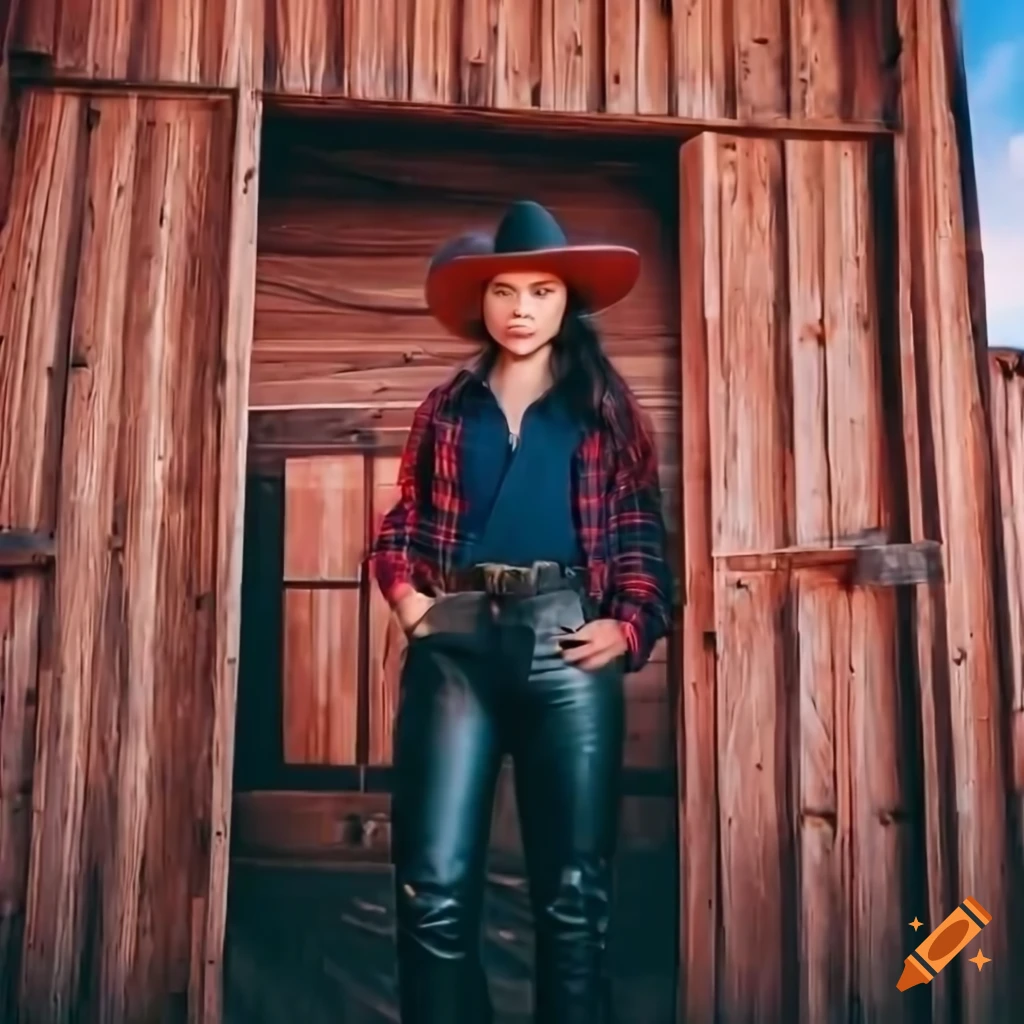 cowgirl looking through barn door