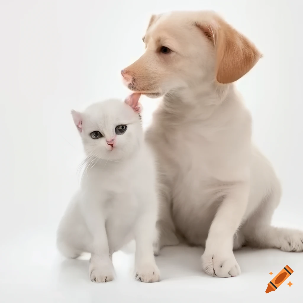 white kitten and labrador puppy staring at each other
