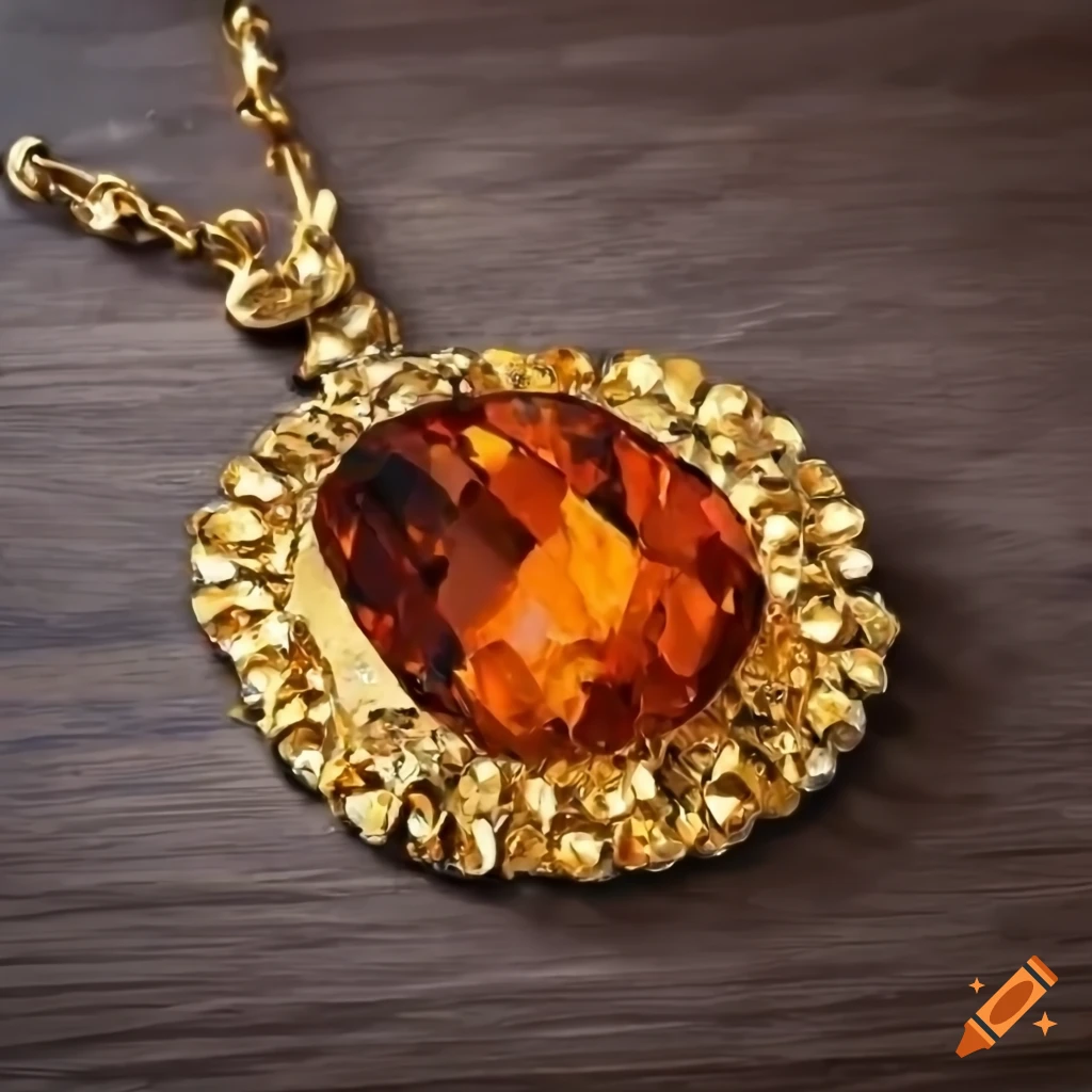 Knife palette painting of a gold royal necklace with an orange gemstone