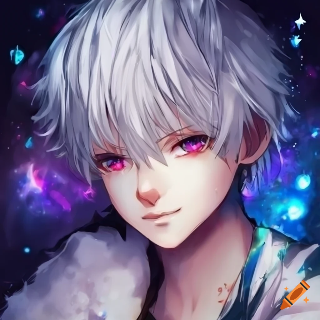 anime boy with white hair and galaxy eyes