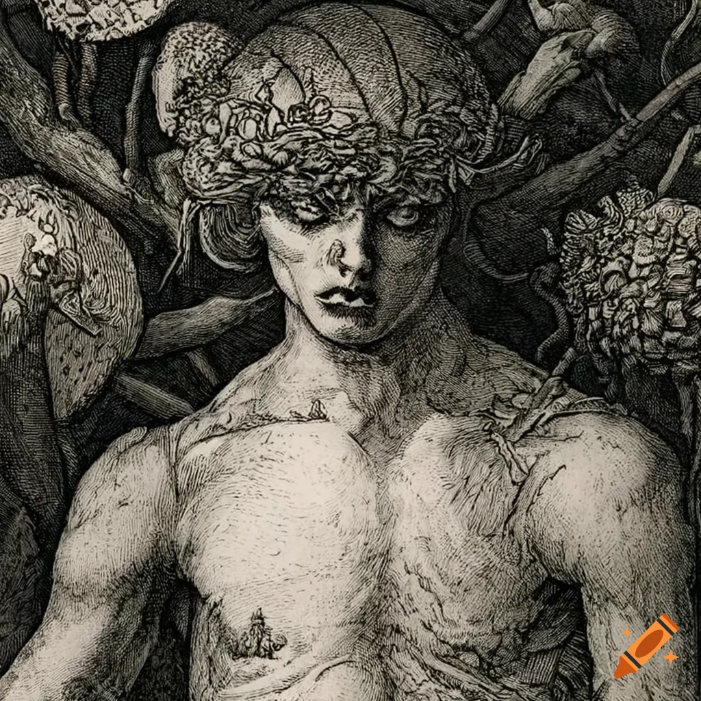 surreal etching of teenage boys made of flowers and mushrooms
