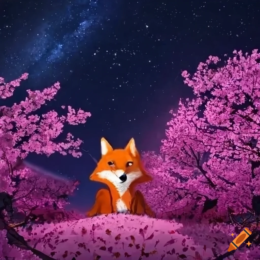 starry night with cherry blossom trees and a fox