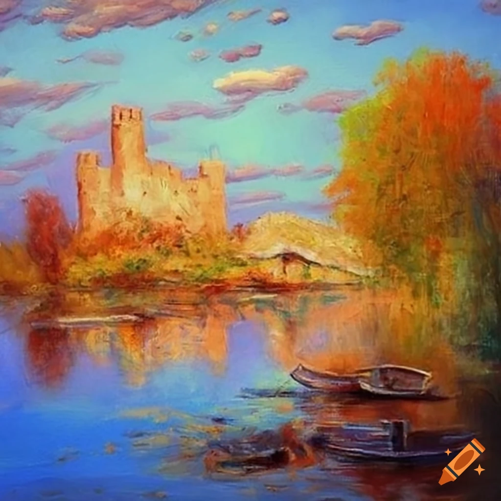 impressionism painting of a river town with boats and a castle