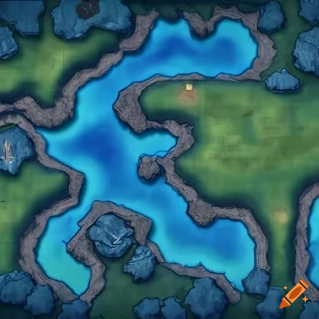 Topdown battle map of a bright forest with a stream on Craiyon