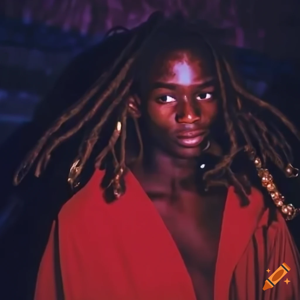 portrait of a black man with long dreadlocks in a red outfit