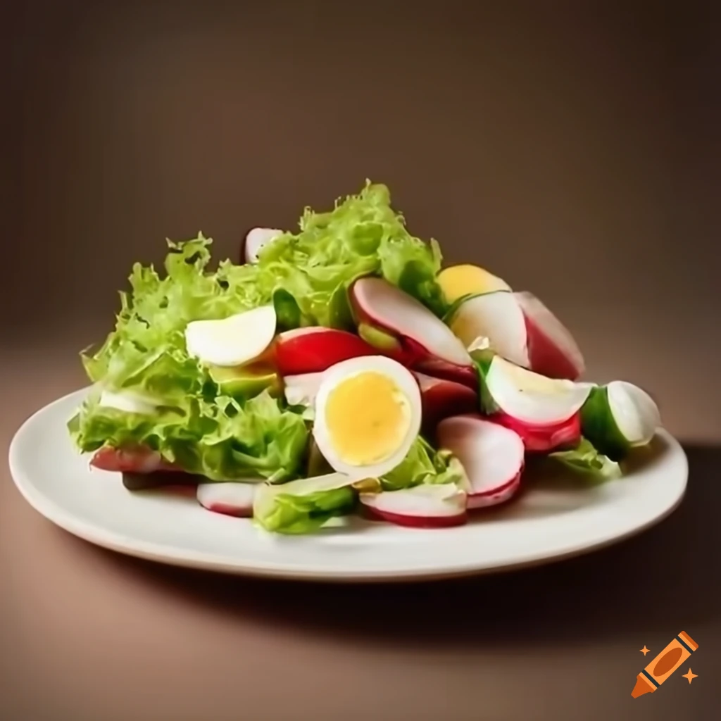healthy salad with lettuce, radish, cucumber, and boiled egg slices