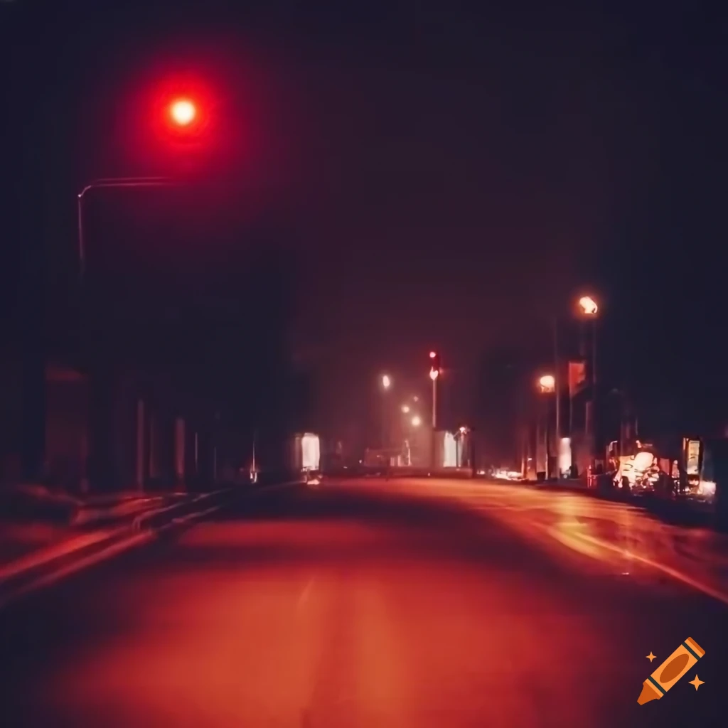 night road with fog and red street lights