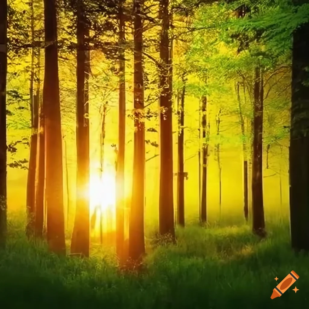 serene forest illuminated by the setting sun