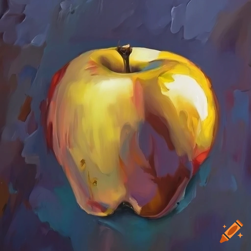 Knife palette painting of a shiny golden apple on Craiyon
