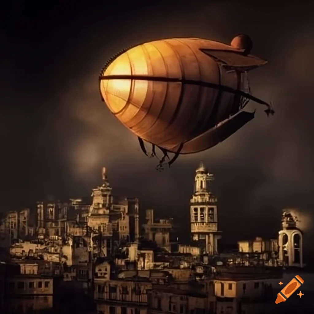 steampunk city with airships in the sky