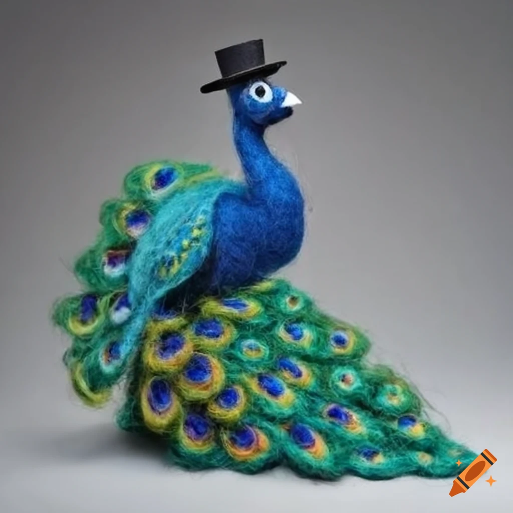 whimsical peacock sculpture with top hat and martini glass