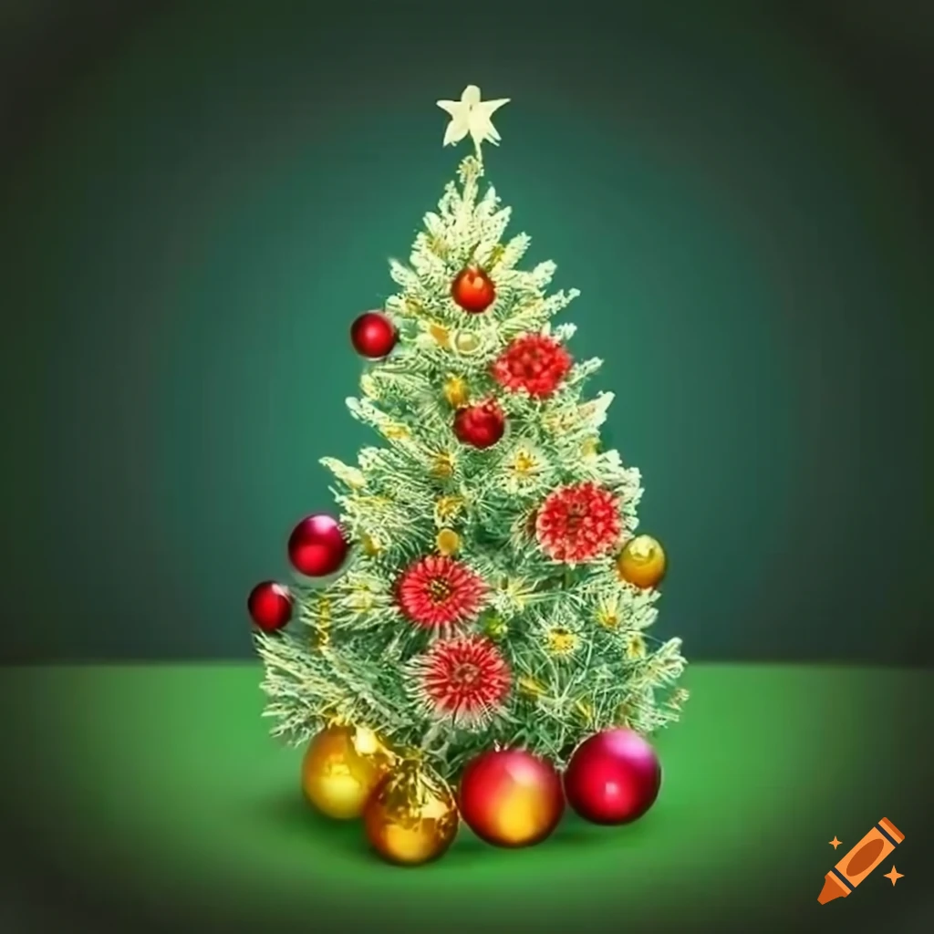realistic Christmas tree with colorful decorations in a field