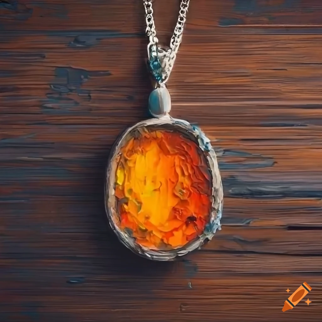 Knife palette painting of an orange gemstone necklace on a wooden desk