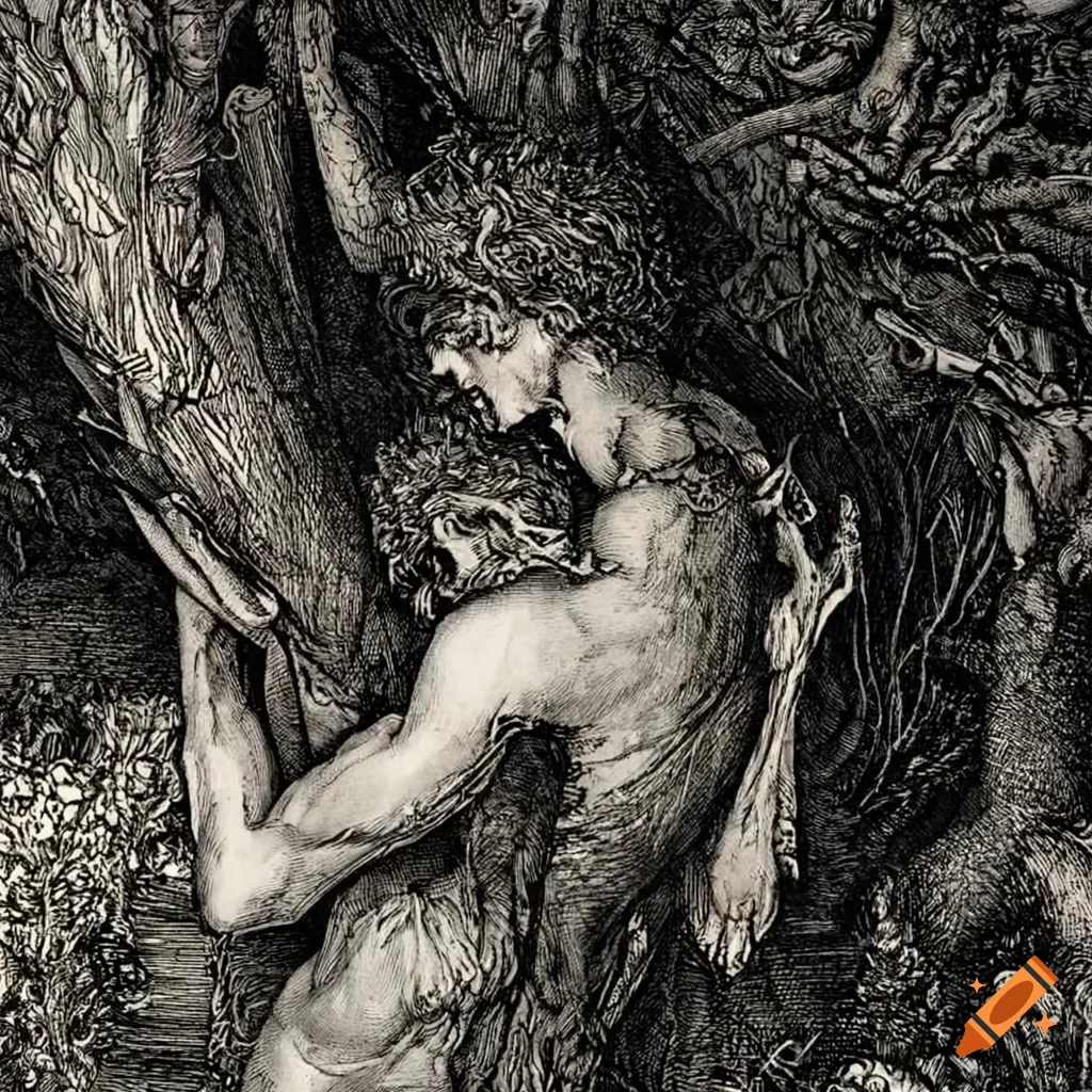surreal etching engraving of adolescent boys made of flowers and mushrooms
