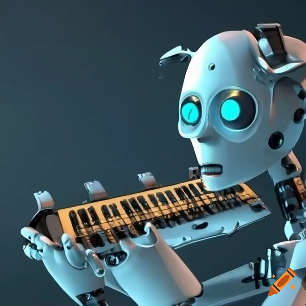 3D artwork of robots playing musical instruments