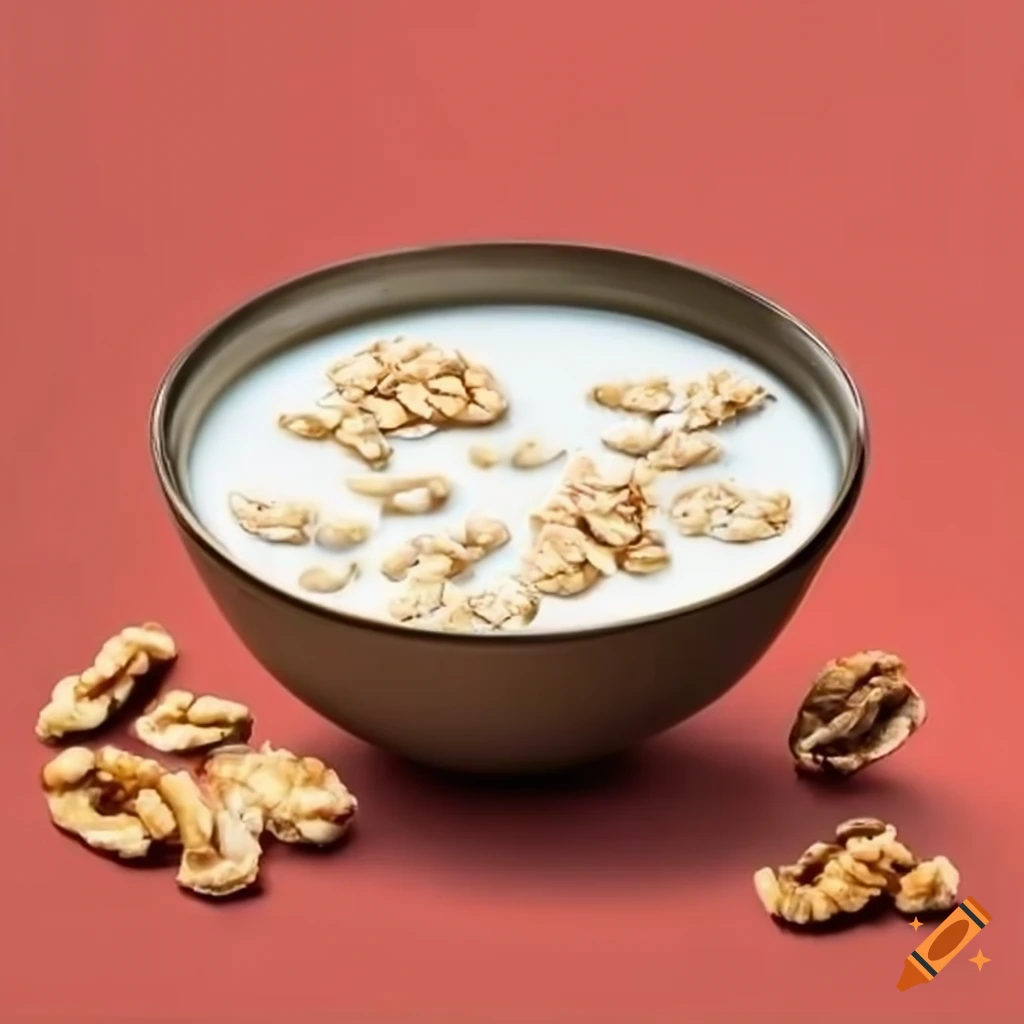 Delicious and nutritious bowl of milk with oats and walnuts on Craiyon